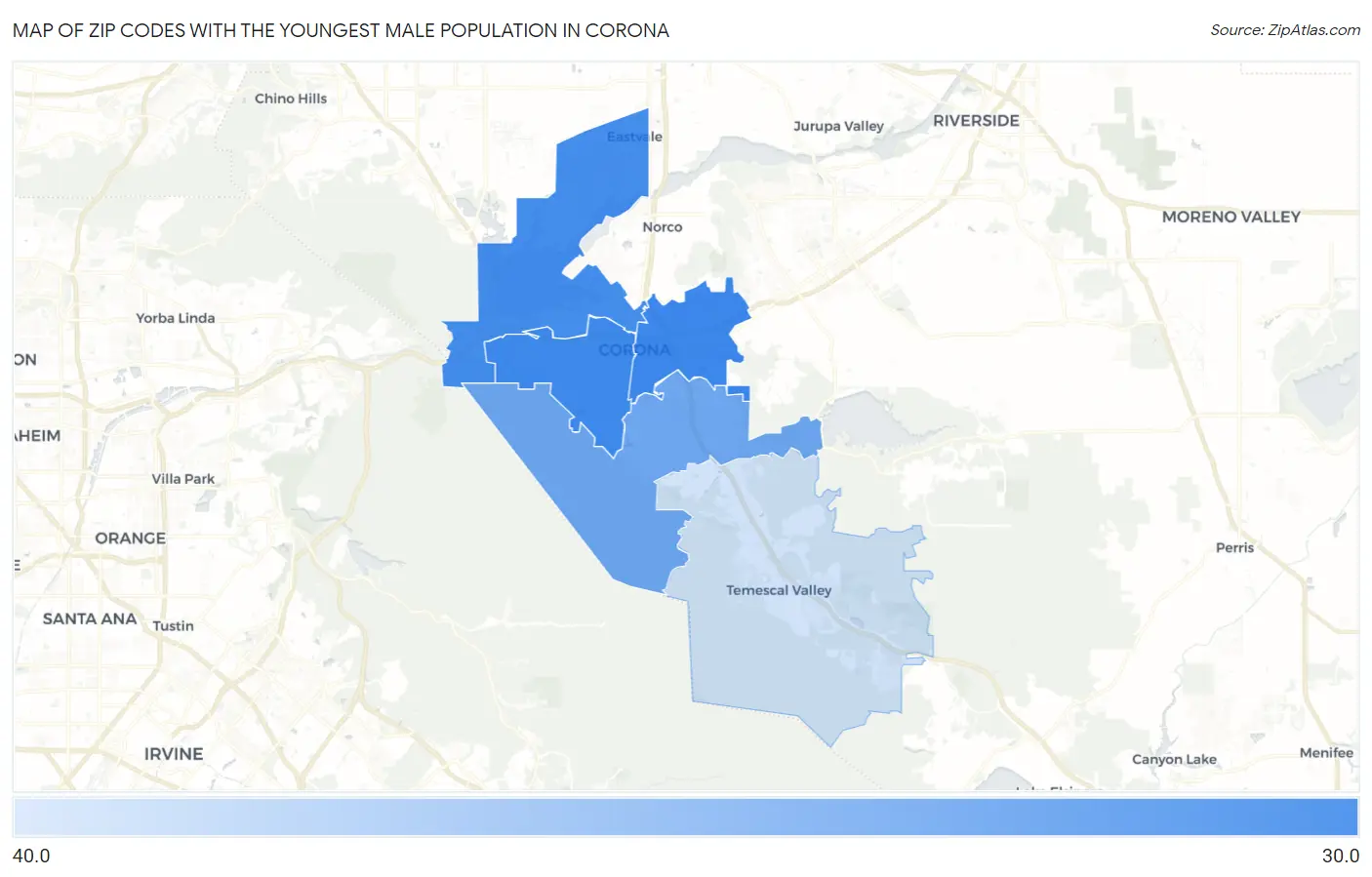 Zip Codes with the Youngest Male Population in Corona Map