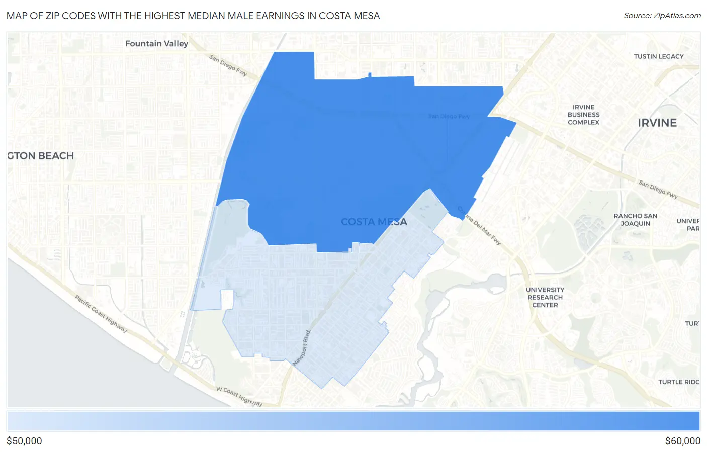 Zip Codes with the Highest Median Male Earnings in Costa Mesa Map