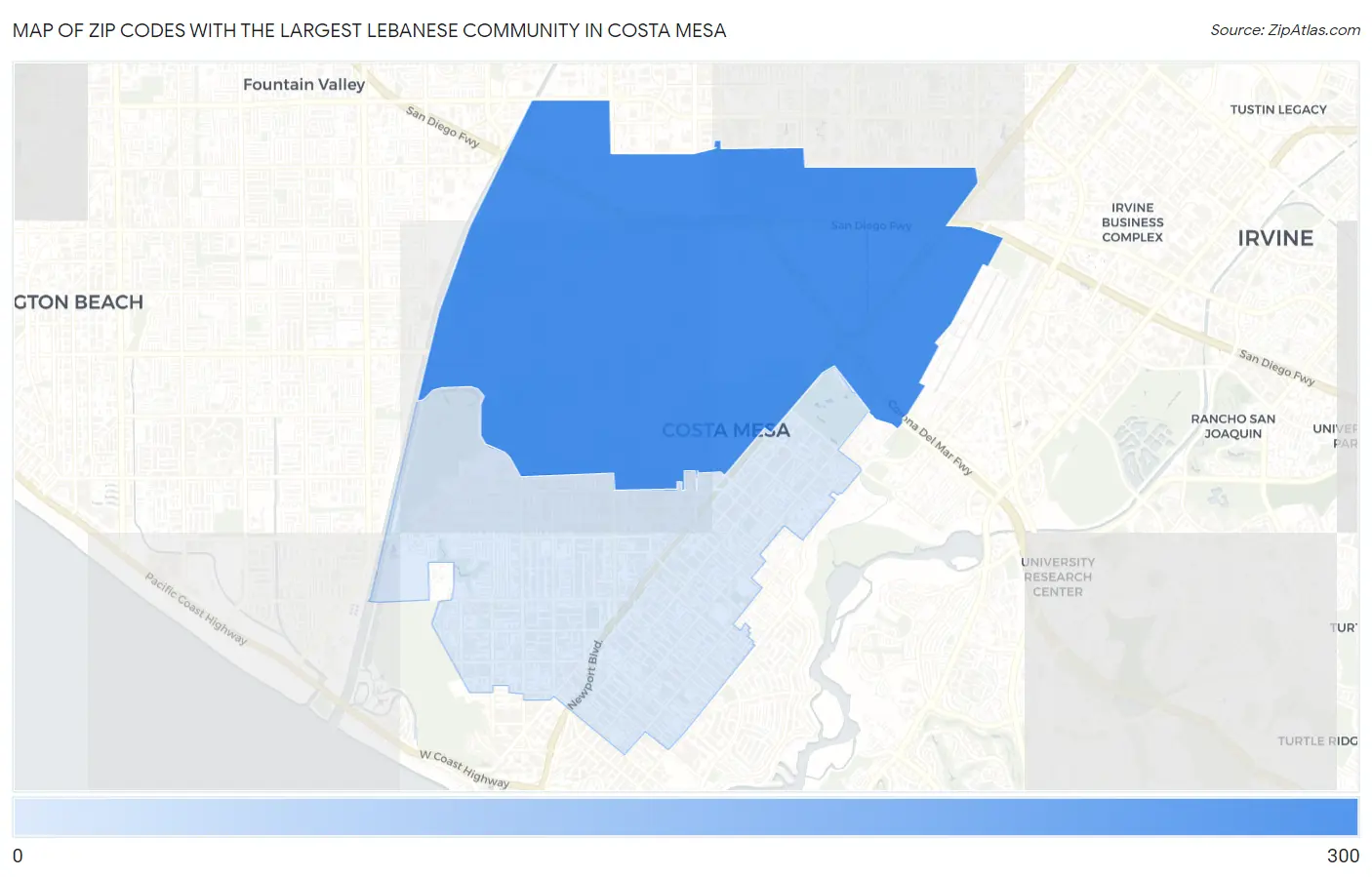 Zip Codes with the Largest Lebanese Community in Costa Mesa Map