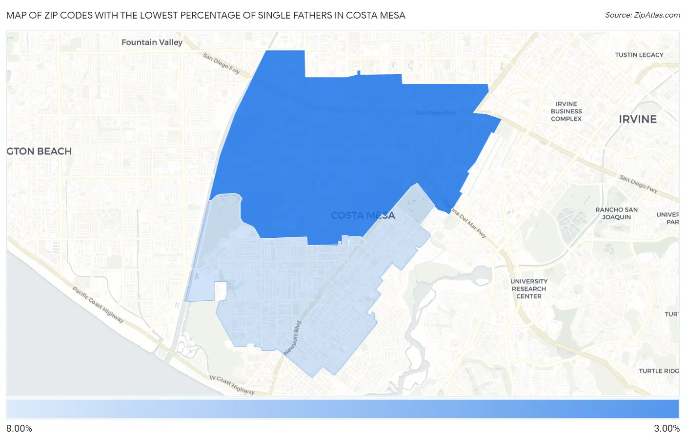 Zip Codes with the Lowest Percentage of Single Fathers in Costa Mesa Map