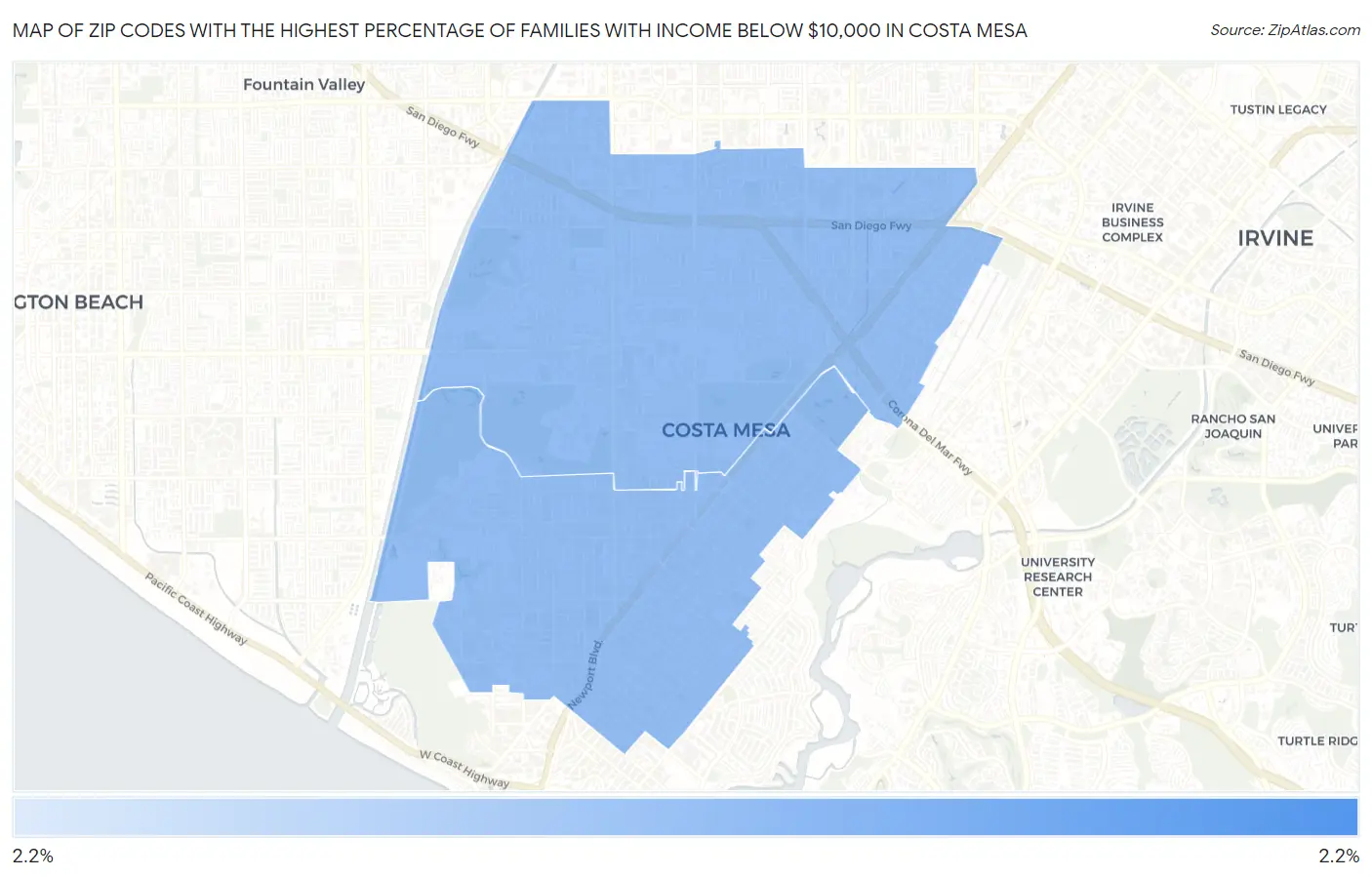 Zip Codes with the Highest Percentage of Families with Income Below $10,000 in Costa Mesa Map