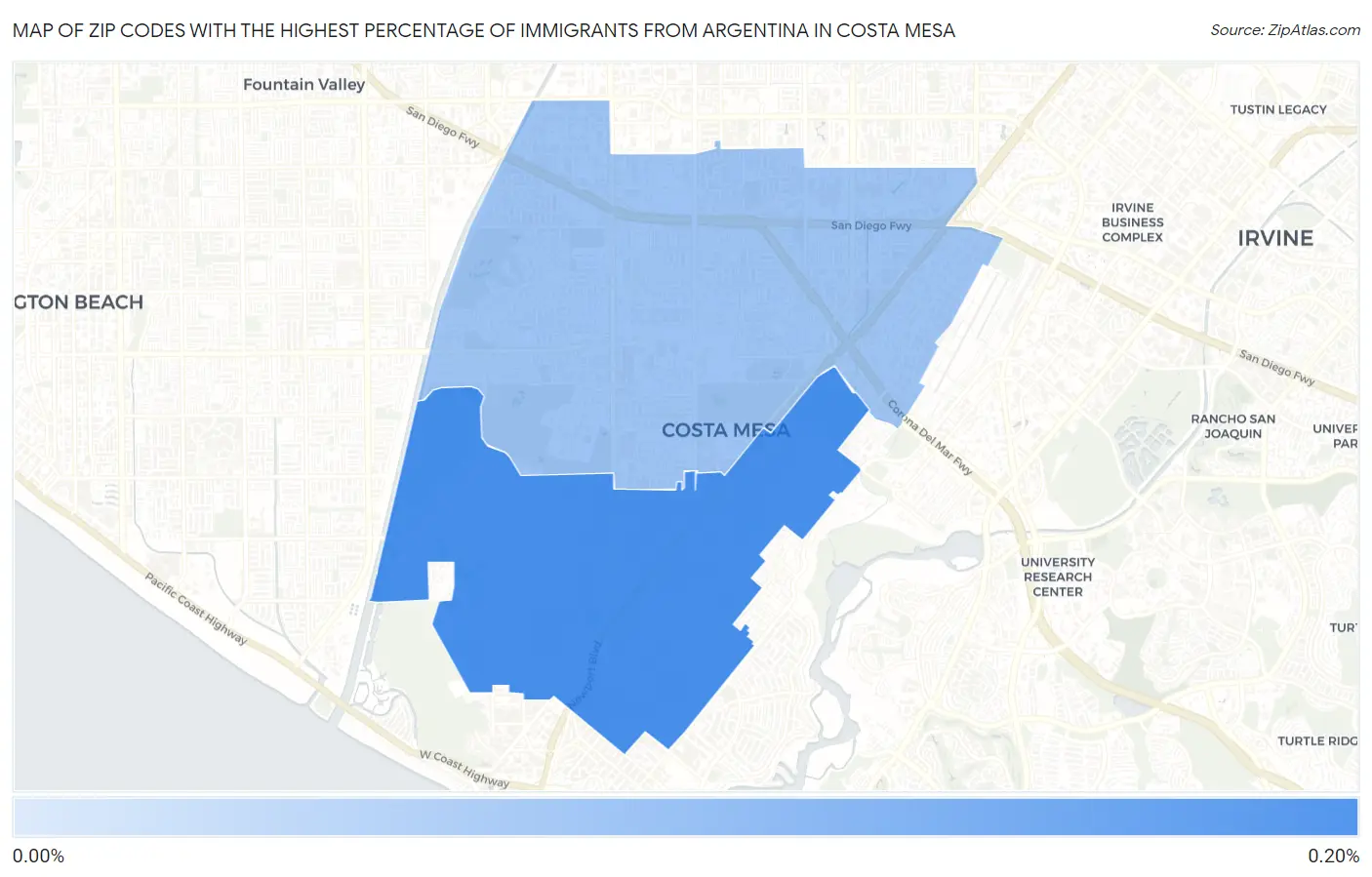 Zip Codes with the Highest Percentage of Immigrants from Argentina in Costa Mesa Map