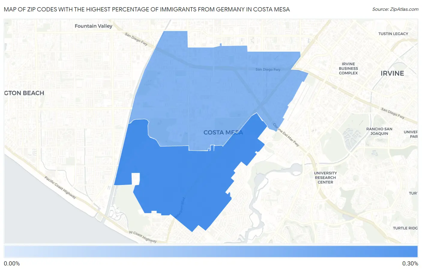 Zip Codes with the Highest Percentage of Immigrants from Germany in Costa Mesa Map