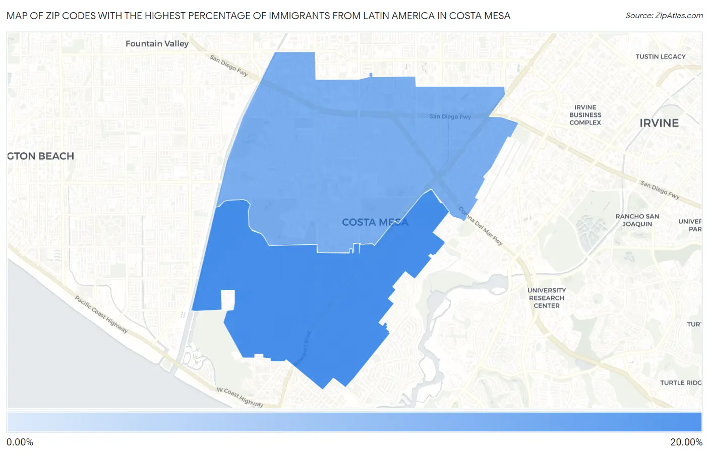 Zip Codes with the Highest Percentage of Immigrants from Latin America in Costa Mesa Map