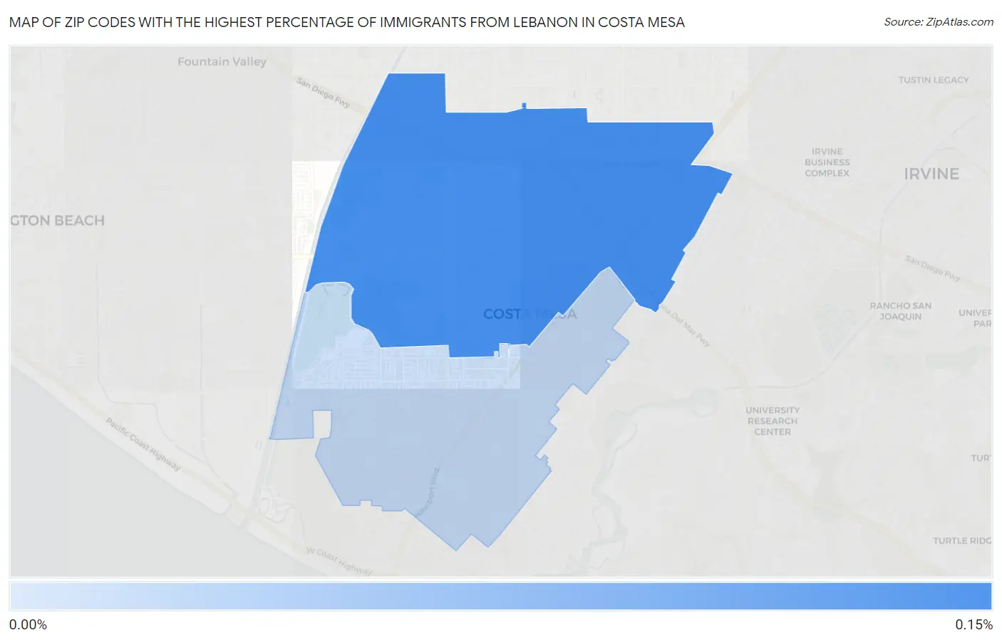 Zip Codes with the Highest Percentage of Immigrants from Lebanon in Costa Mesa Map