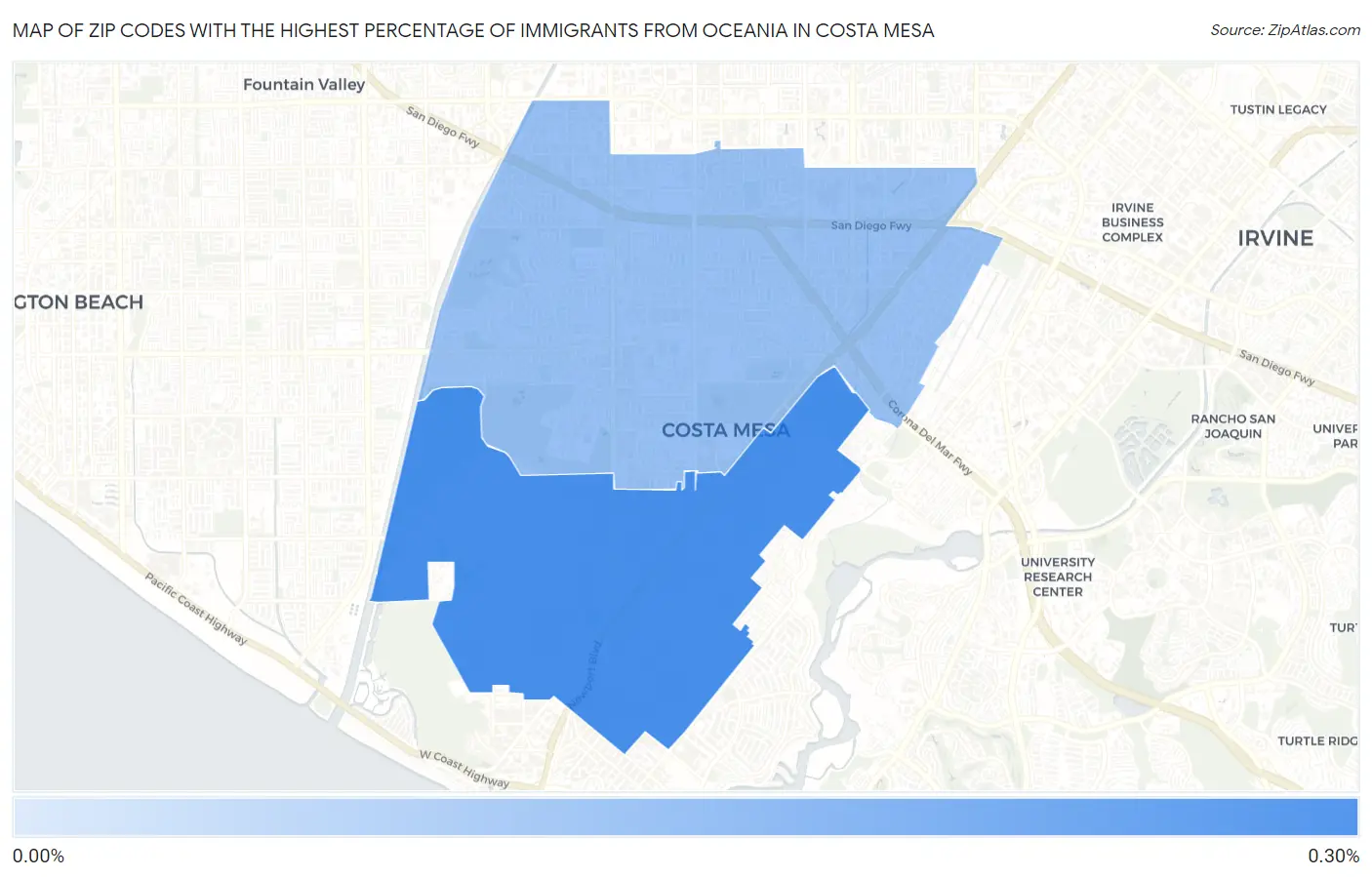 Zip Codes with the Highest Percentage of Immigrants from Oceania in Costa Mesa Map
