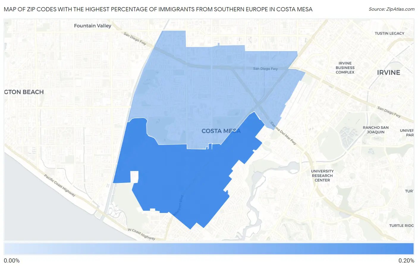 Zip Codes with the Highest Percentage of Immigrants from Southern Europe in Costa Mesa Map