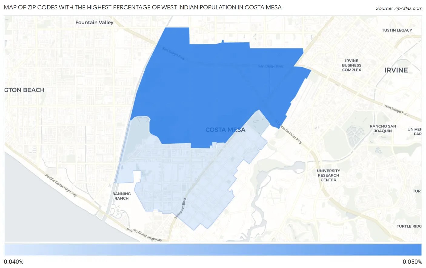 Zip Codes with the Highest Percentage of West Indian Population in Costa Mesa Map