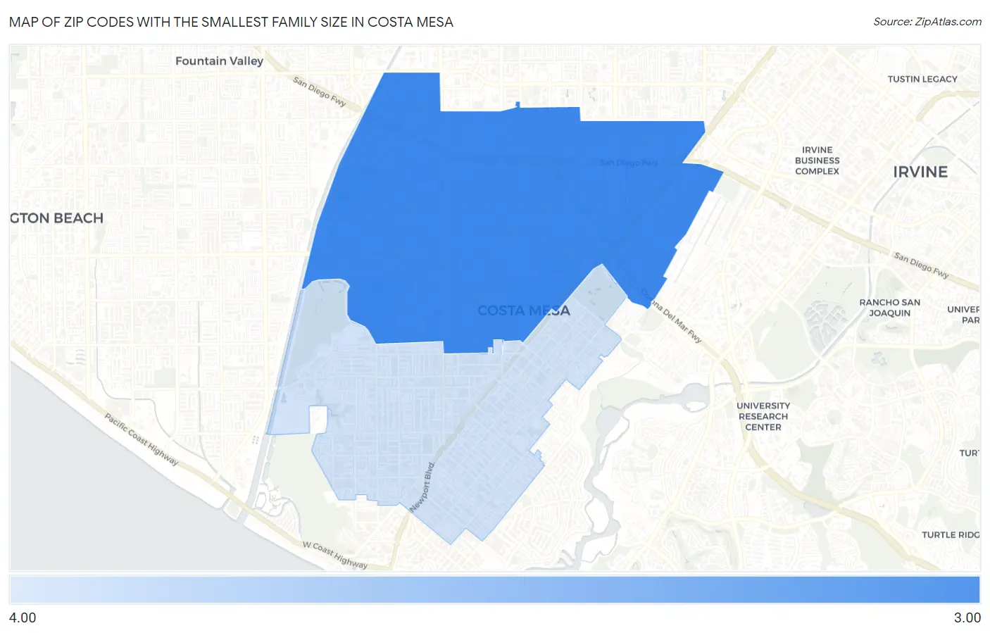 Zip Codes with the Smallest Family Size in Costa Mesa Map