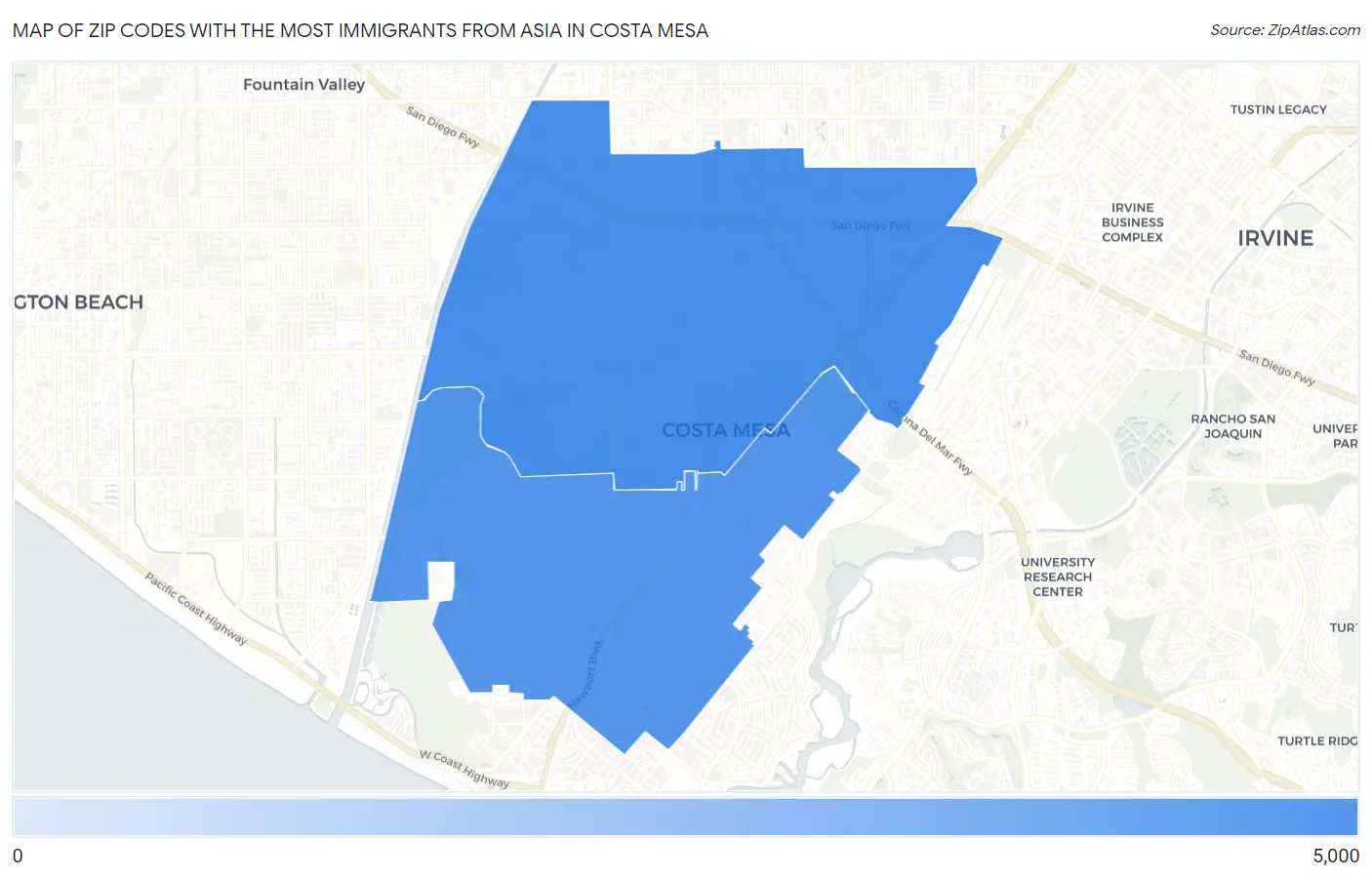 Zip Codes with the Most Immigrants from Asia in Costa Mesa Map