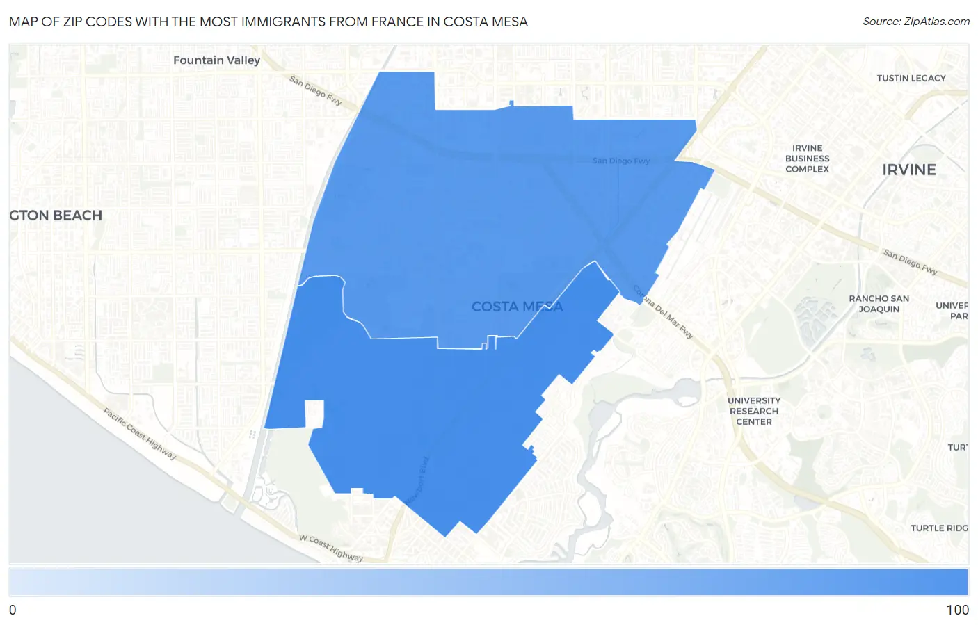 Zip Codes with the Most Immigrants from France in Costa Mesa Map