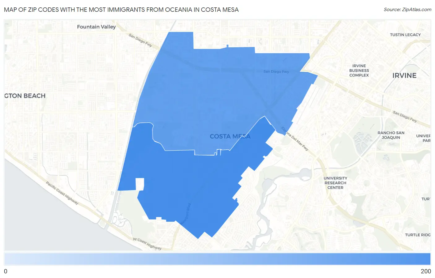 Zip Codes with the Most Immigrants from Oceania in Costa Mesa Map