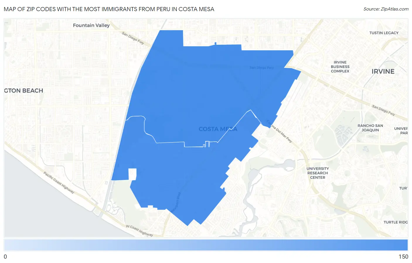 Zip Codes with the Most Immigrants from Peru in Costa Mesa Map