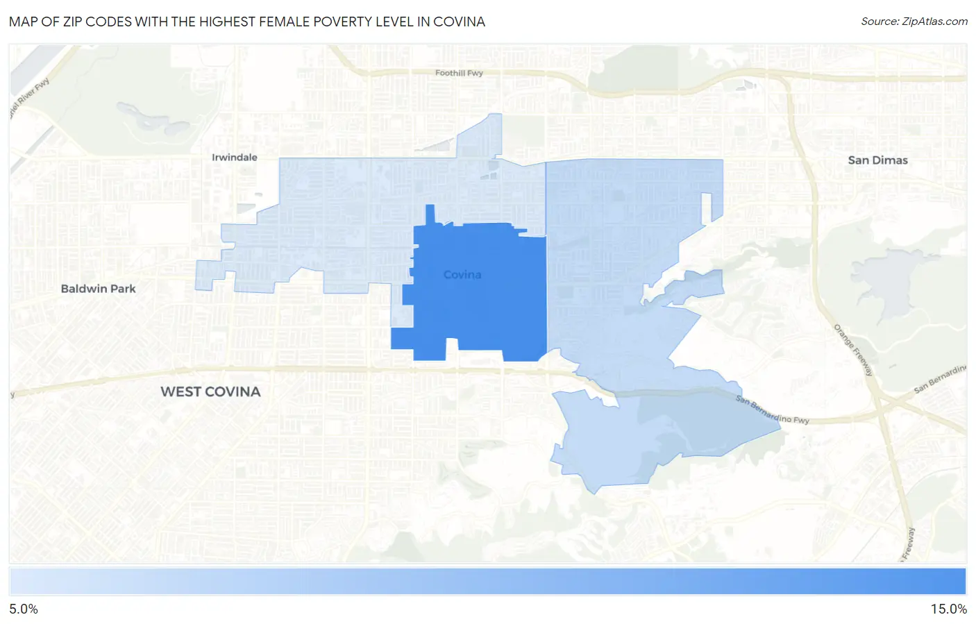Zip Codes with the Highest Female Poverty Level in Covina Map
