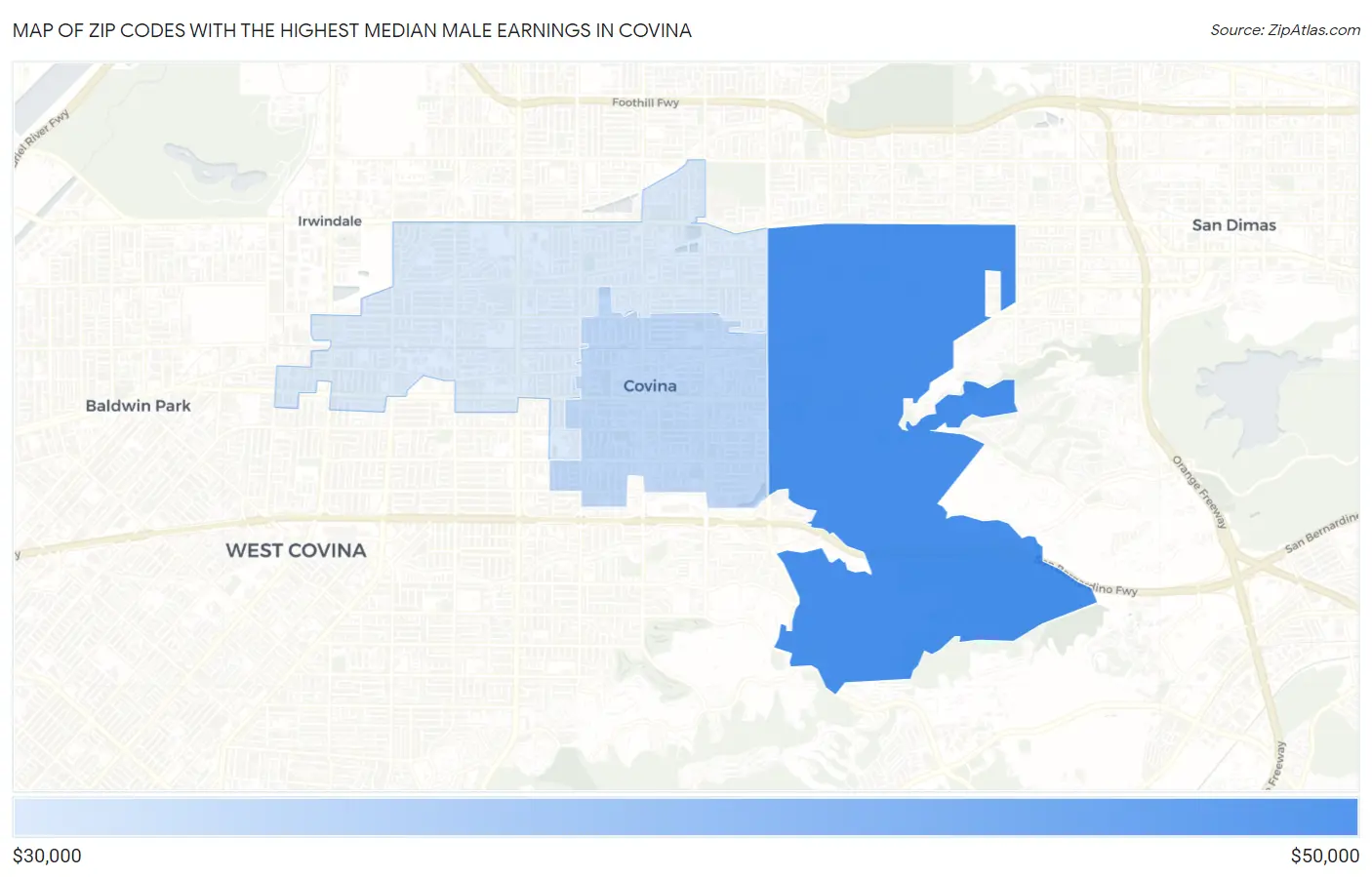Zip Codes with the Highest Median Male Earnings in Covina Map