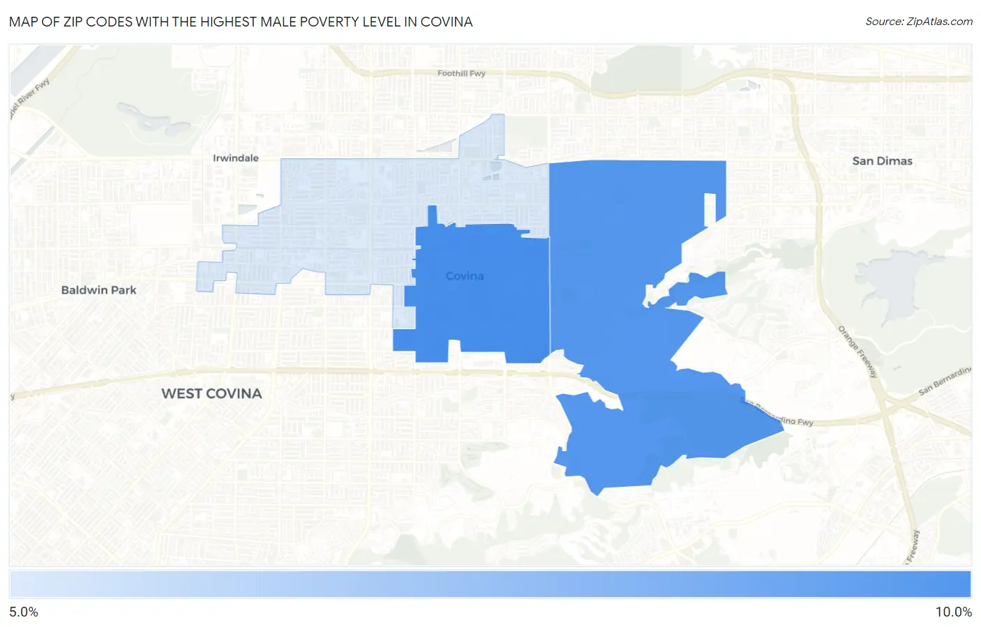 Zip Codes with the Highest Male Poverty Level in Covina Map