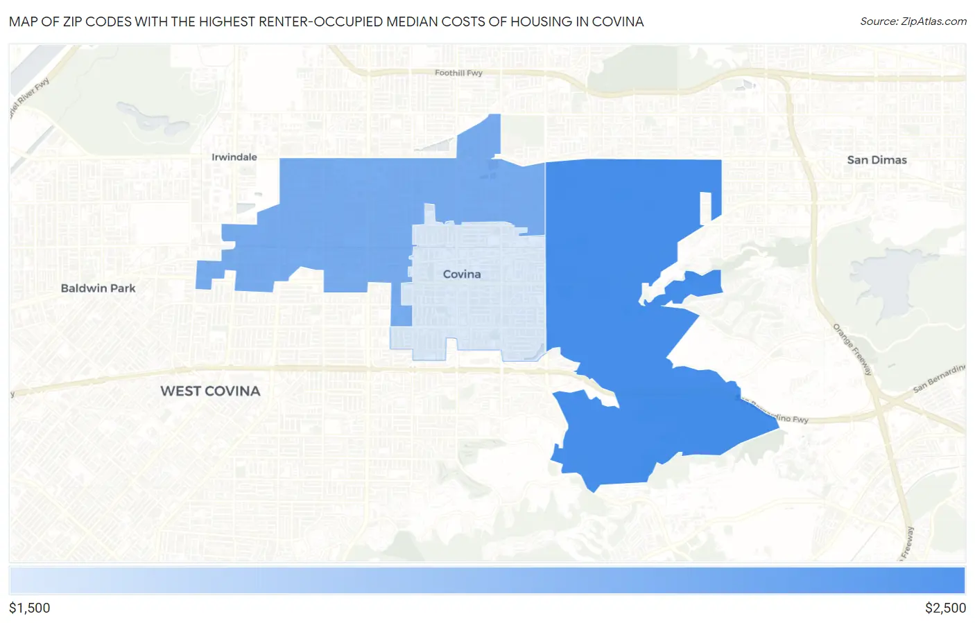 Zip Codes with the Highest Renter-Occupied Median Costs of Housing in Covina Map