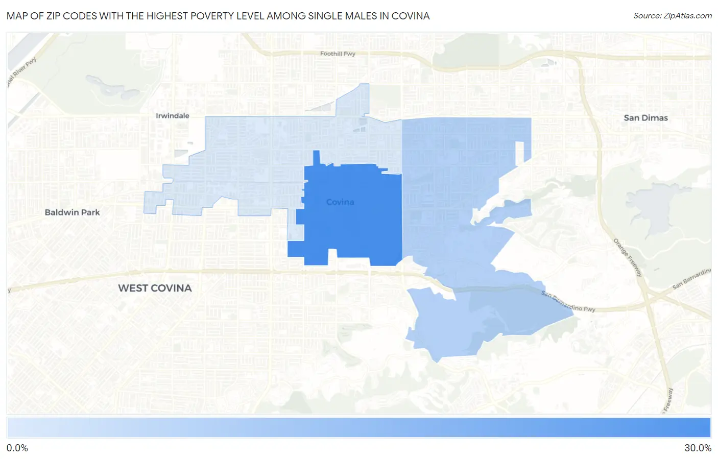 Zip Codes with the Highest Poverty Level Among Single Males in Covina Map