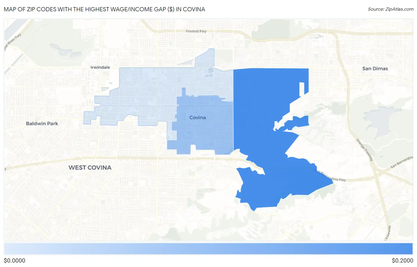 Zip Codes with the Highest Wage/Income Gap ($) in Covina Map