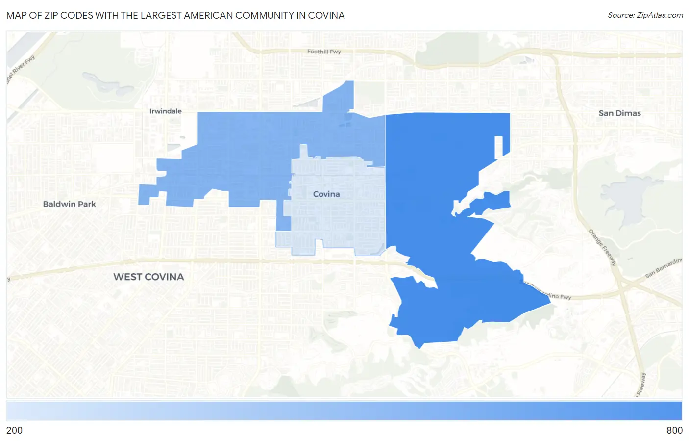 Zip Codes with the Largest American Community in Covina Map