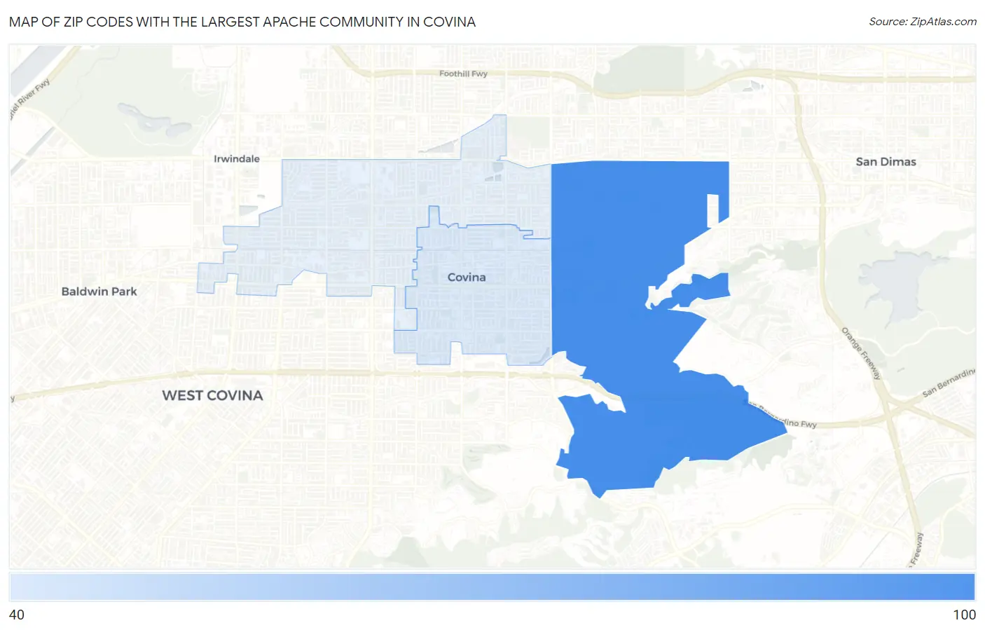 Zip Codes with the Largest Apache Community in Covina Map