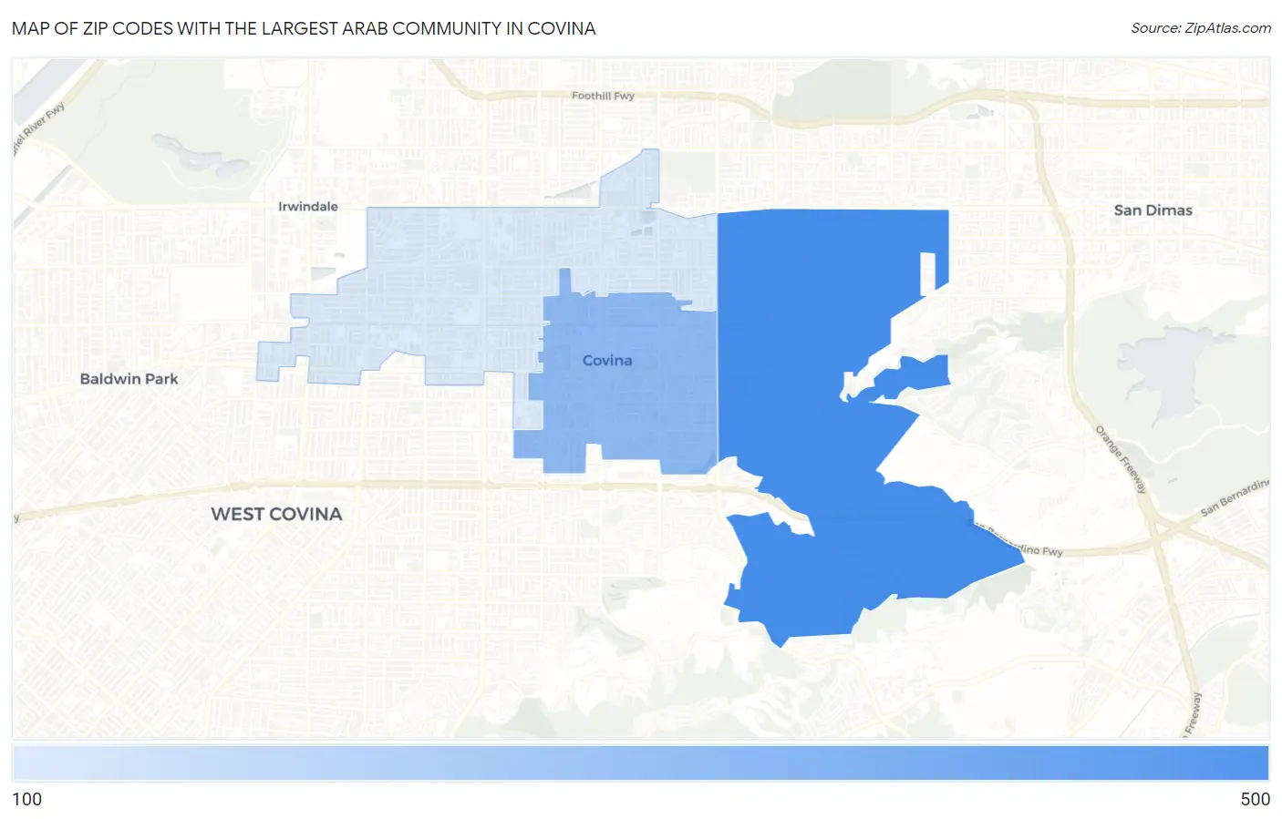 Zip Codes with the Largest Arab Community in Covina Map