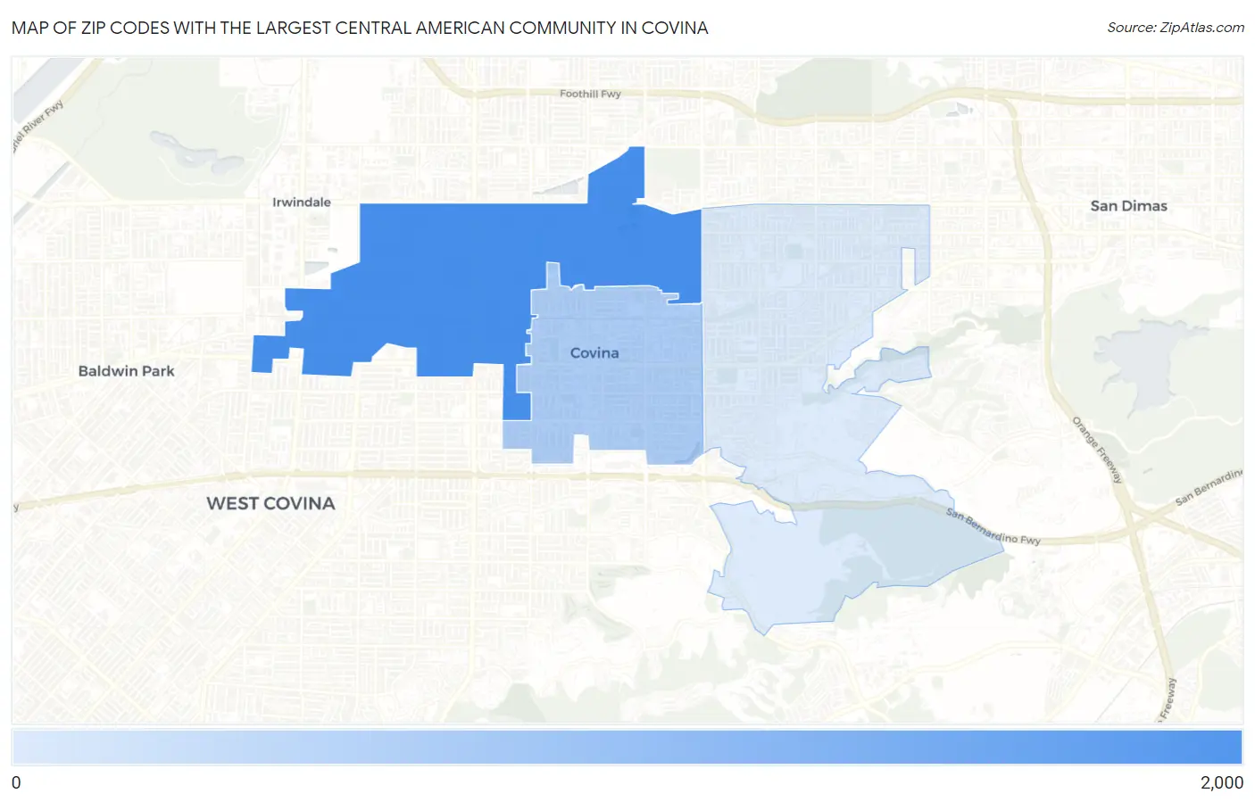Zip Codes with the Largest Central American Community in Covina Map