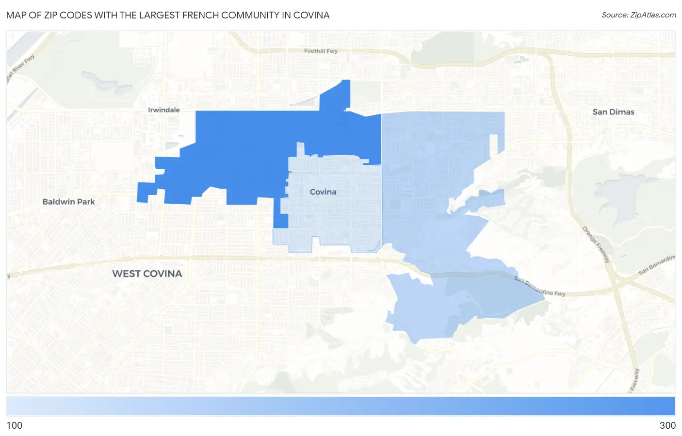 Zip Codes with the Largest French Community in Covina Map
