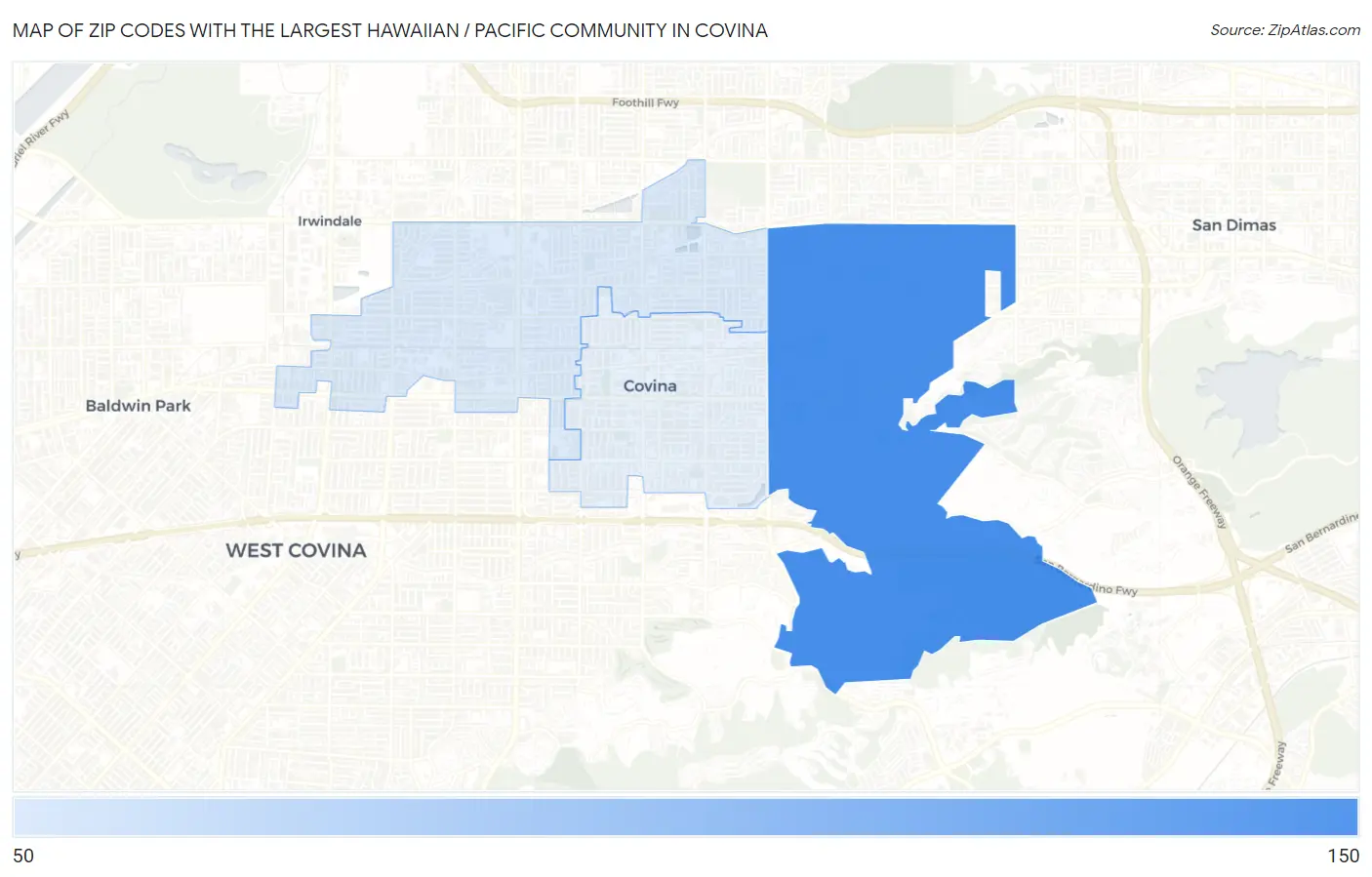 Zip Codes with the Largest Hawaiian / Pacific Community in Covina Map