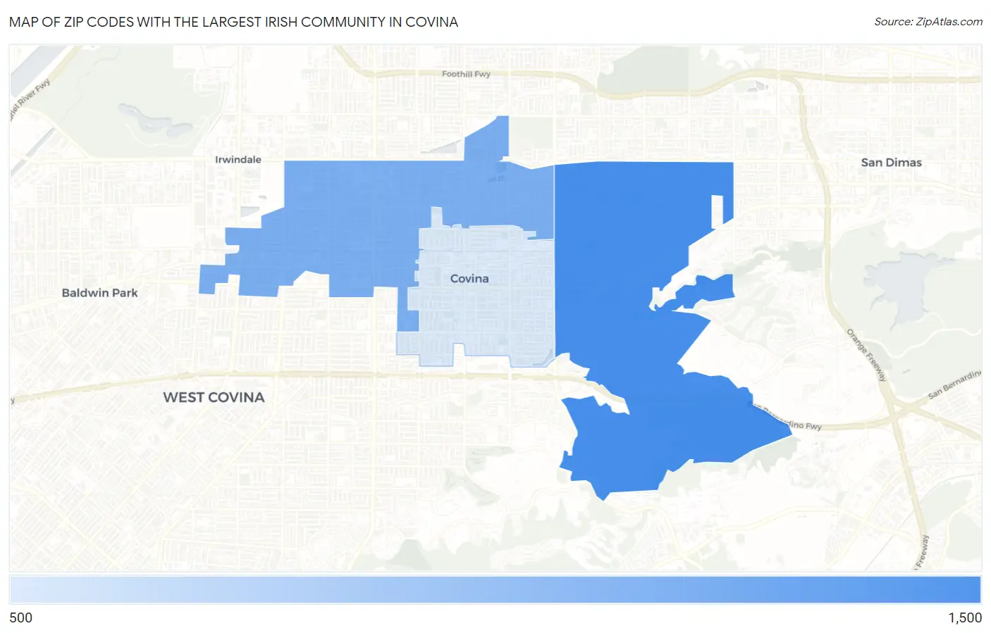 Zip Codes with the Largest Irish Community in Covina Map