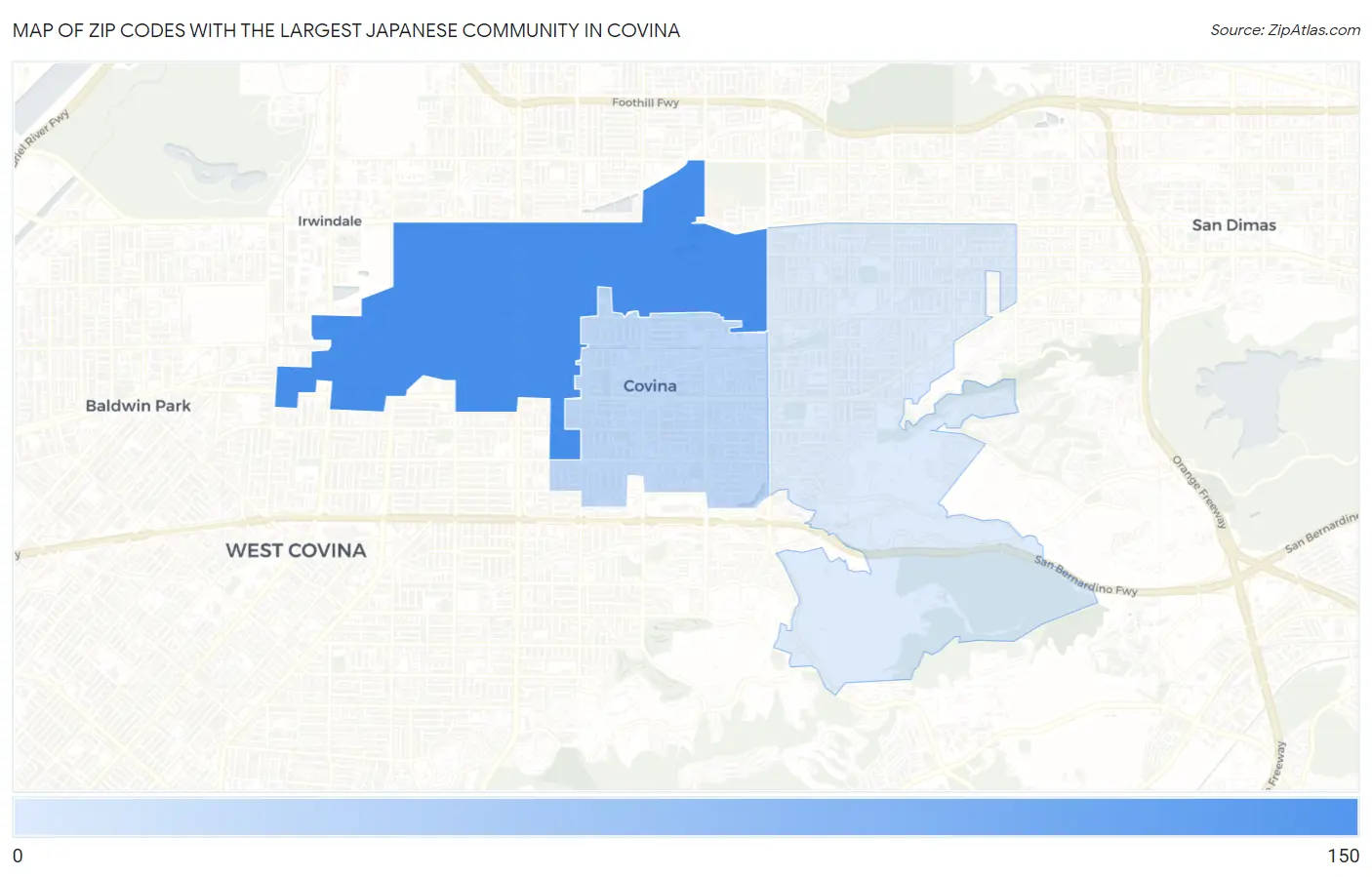 Zip Codes with the Largest Japanese Community in Covina Map