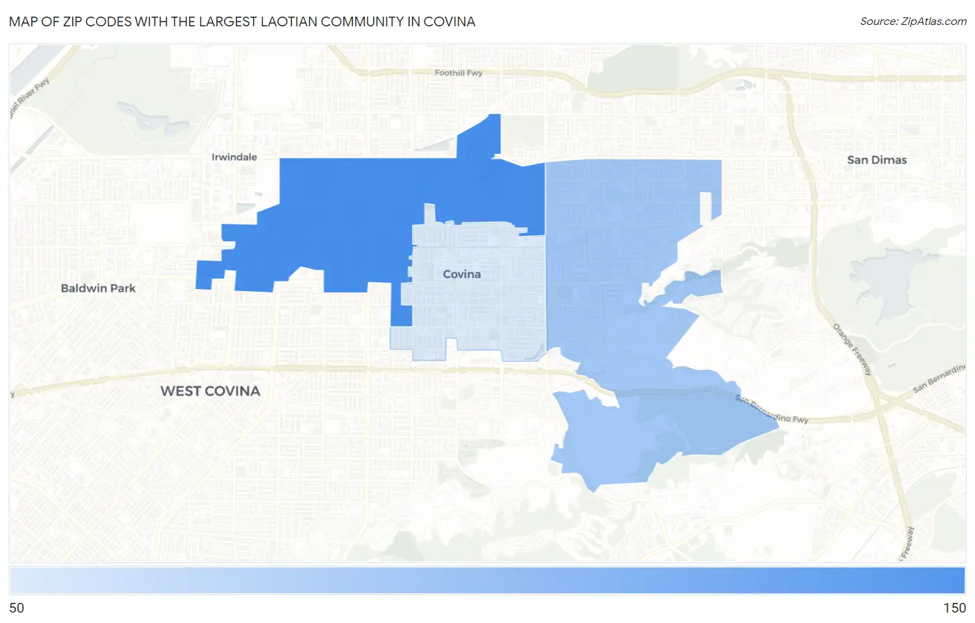 Zip Codes with the Largest Laotian Community in Covina Map
