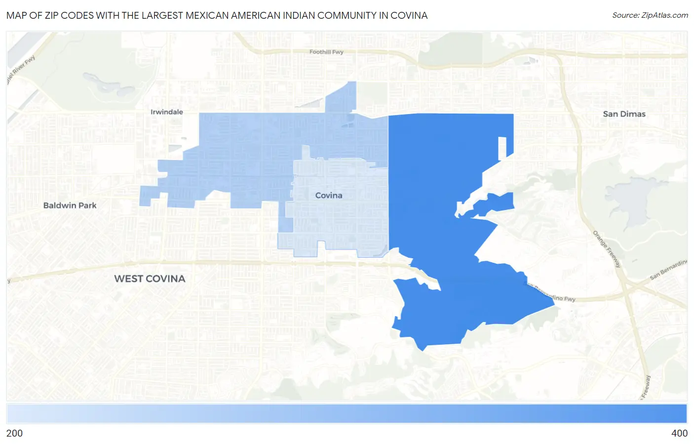 Zip Codes with the Largest Mexican American Indian Community in Covina Map