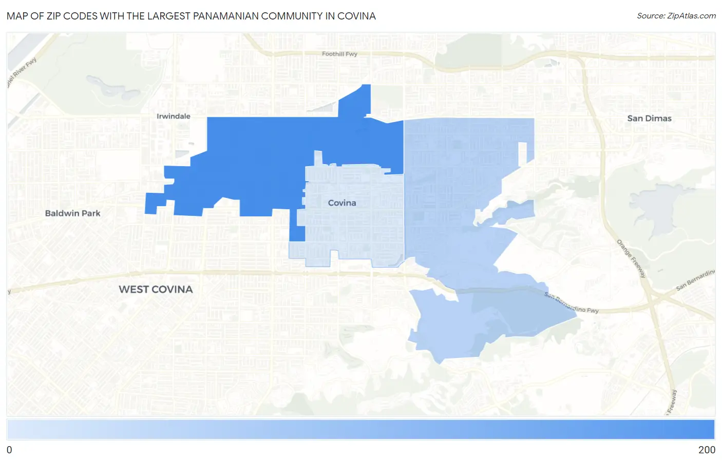 Zip Codes with the Largest Panamanian Community in Covina Map