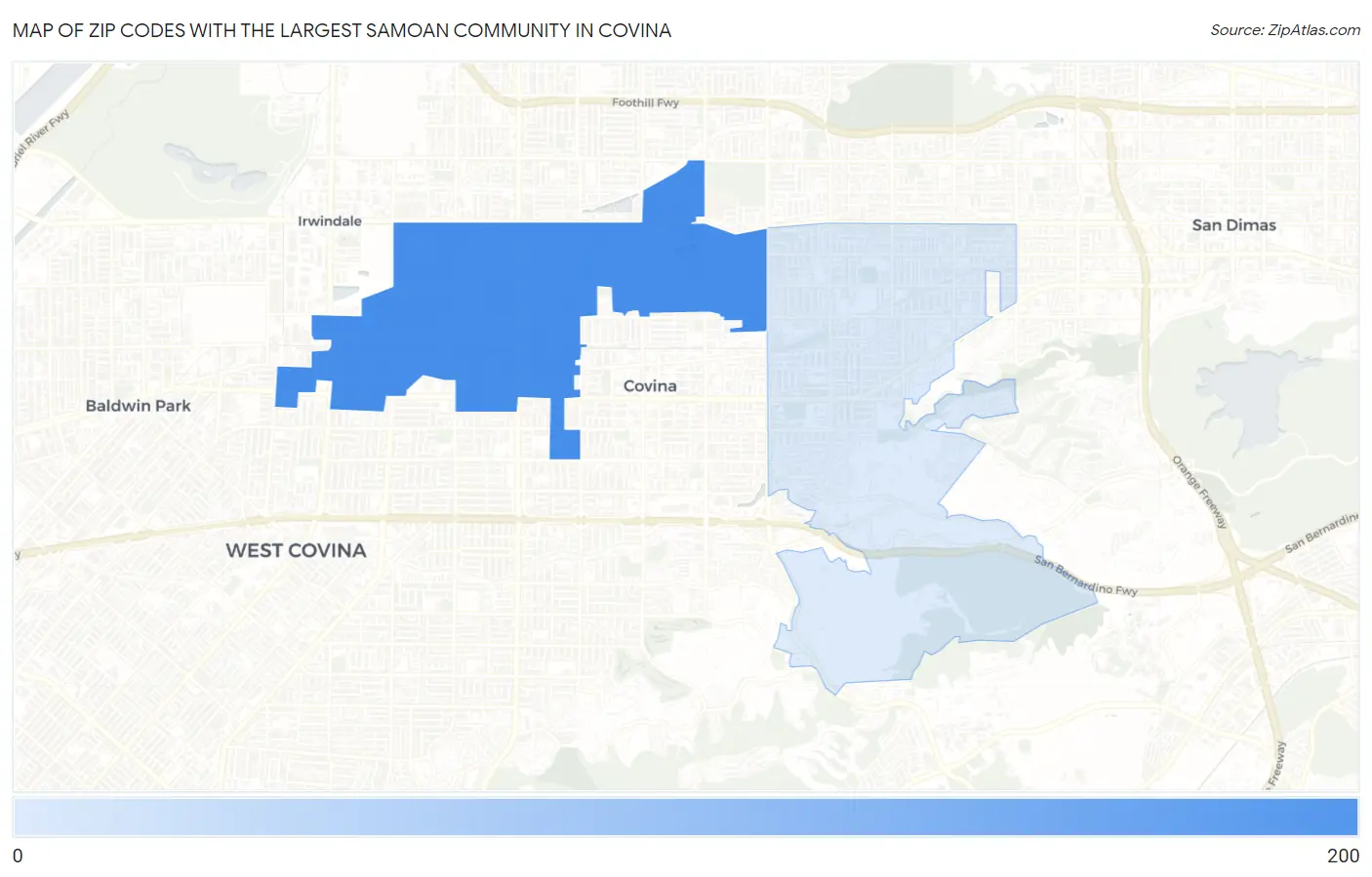 Zip Codes with the Largest Samoan Community in Covina Map