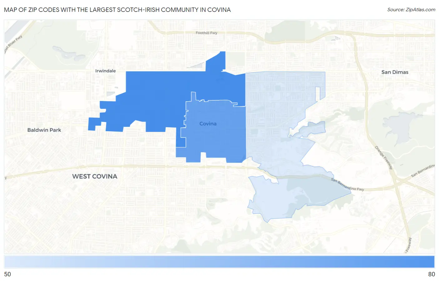 Zip Codes with the Largest Scotch-Irish Community in Covina Map