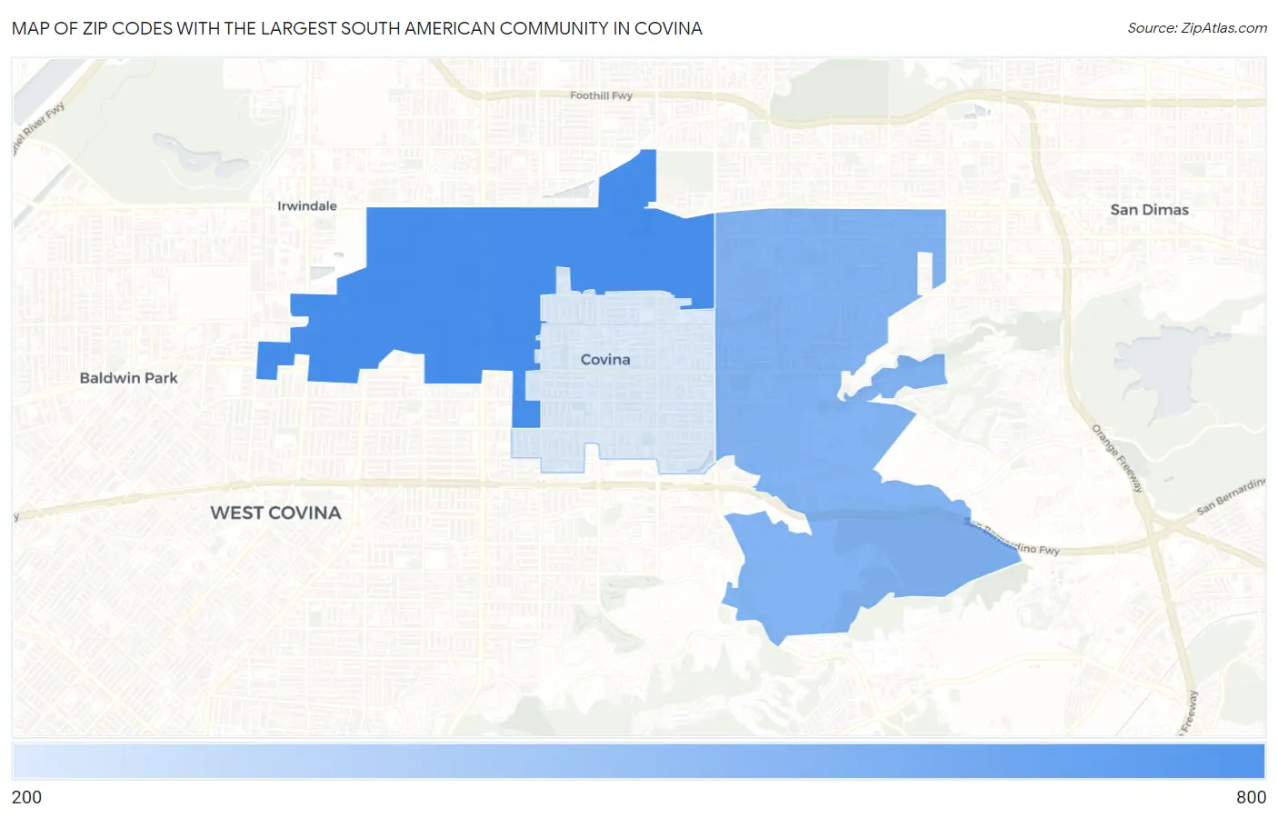 Zip Codes with the Largest South American Community in Covina Map