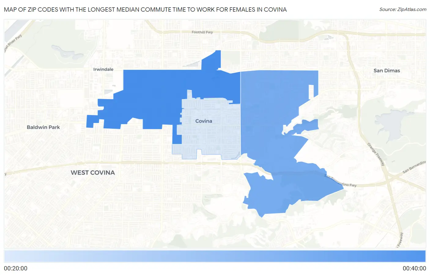 Zip Codes with the Longest Median Commute Time to Work for Females in Covina Map