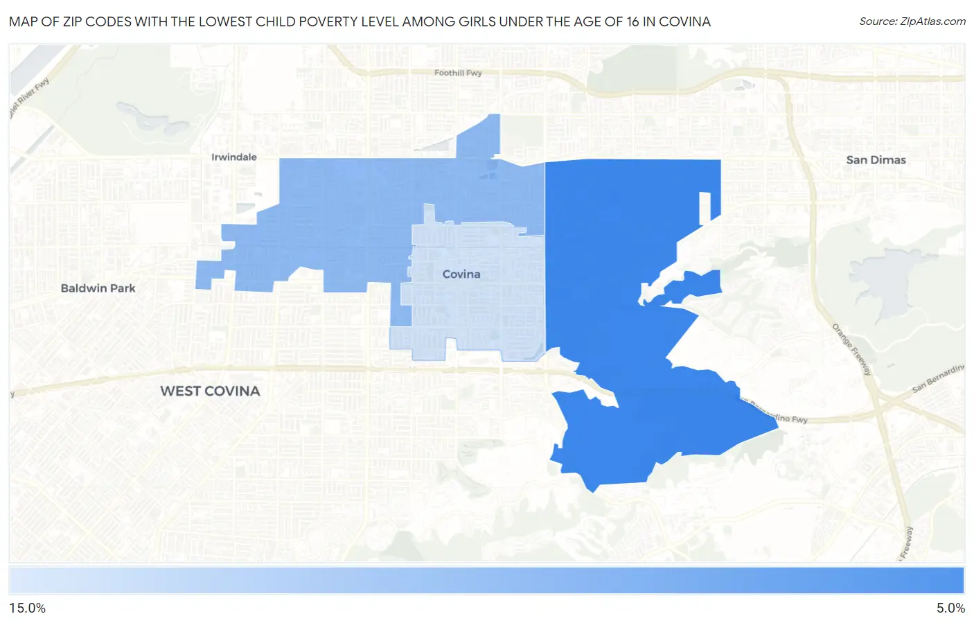 Zip Codes with the Lowest Child Poverty Level Among Girls Under the Age of 16 in Covina Map