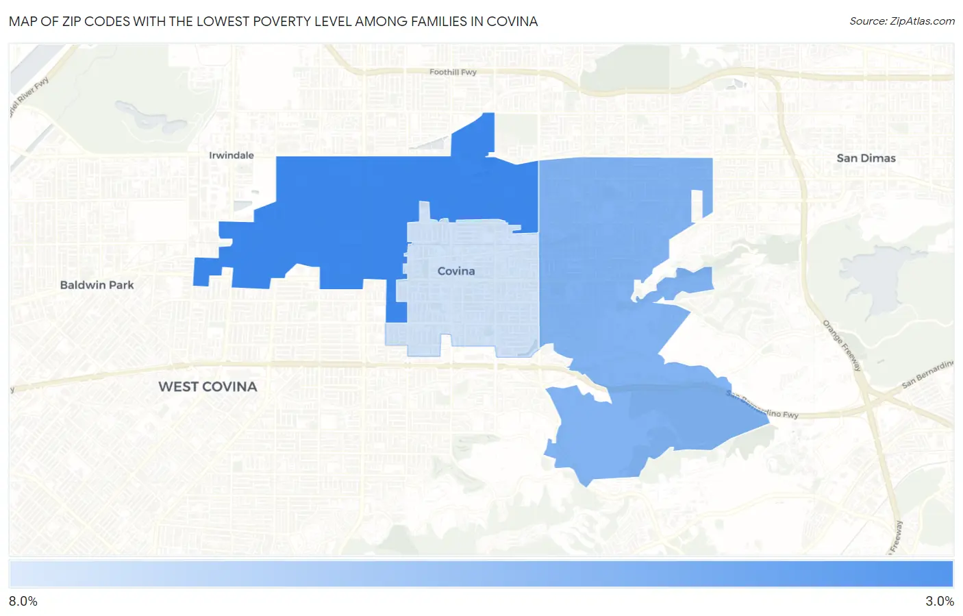 Zip Codes with the Lowest Poverty Level Among Families in Covina Map
