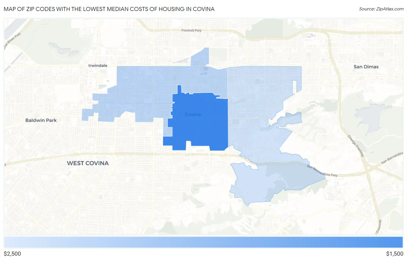 Zip Codes with the Lowest Median Costs of Housing in Covina Map