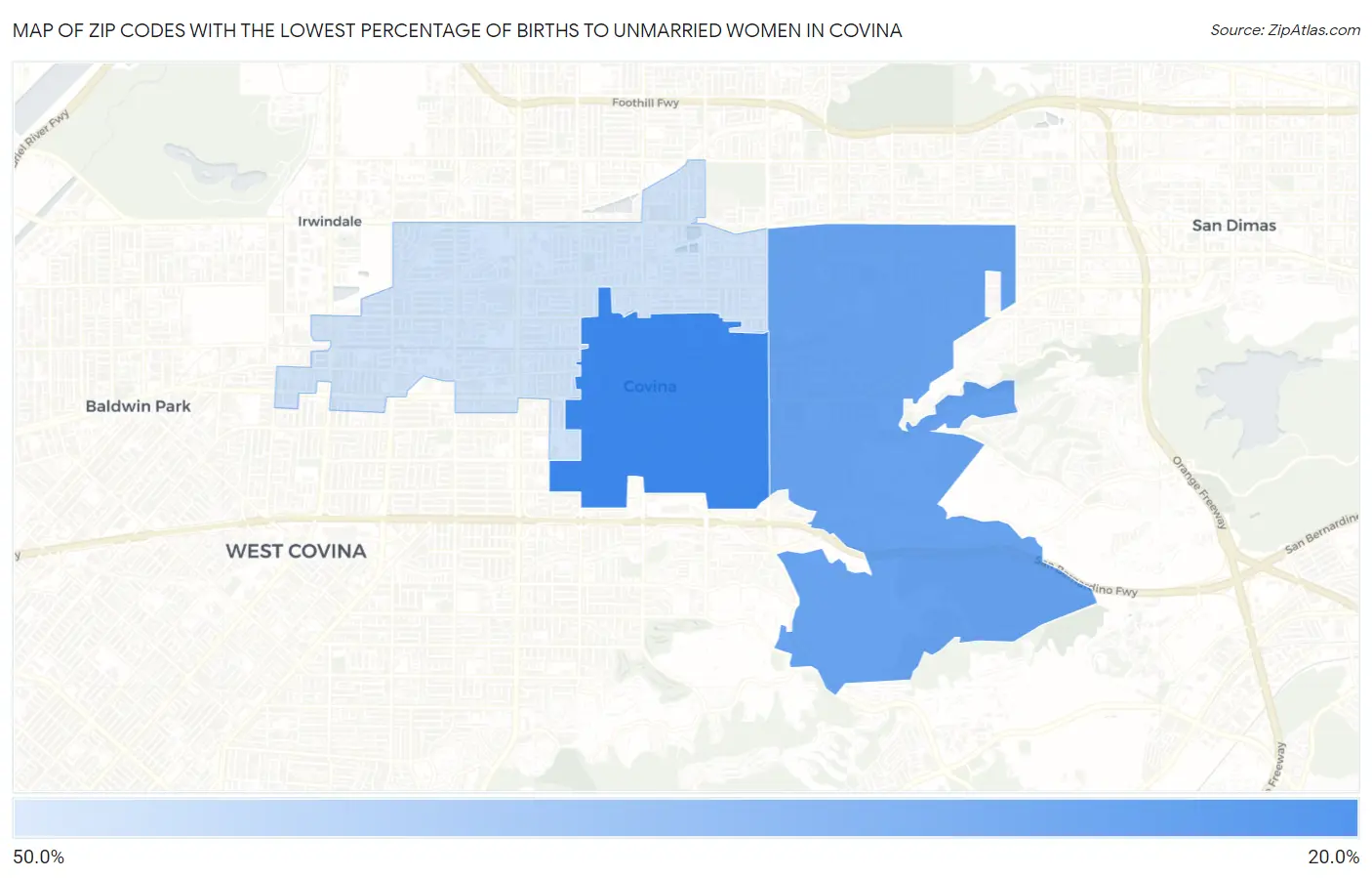 Zip Codes with the Lowest Percentage of Births to Unmarried Women in Covina Map