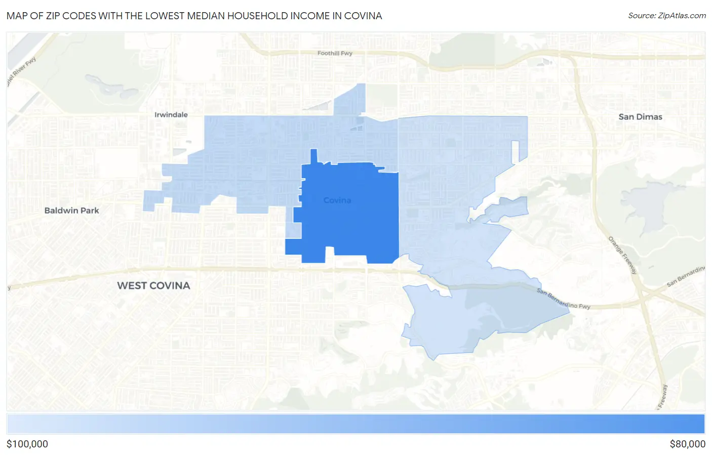 Zip Codes with the Lowest Median Household Income in Covina Map