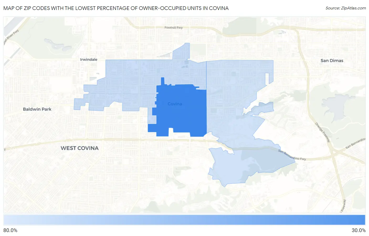 Zip Codes with the Lowest Percentage of Owner-Occupied Units in Covina Map