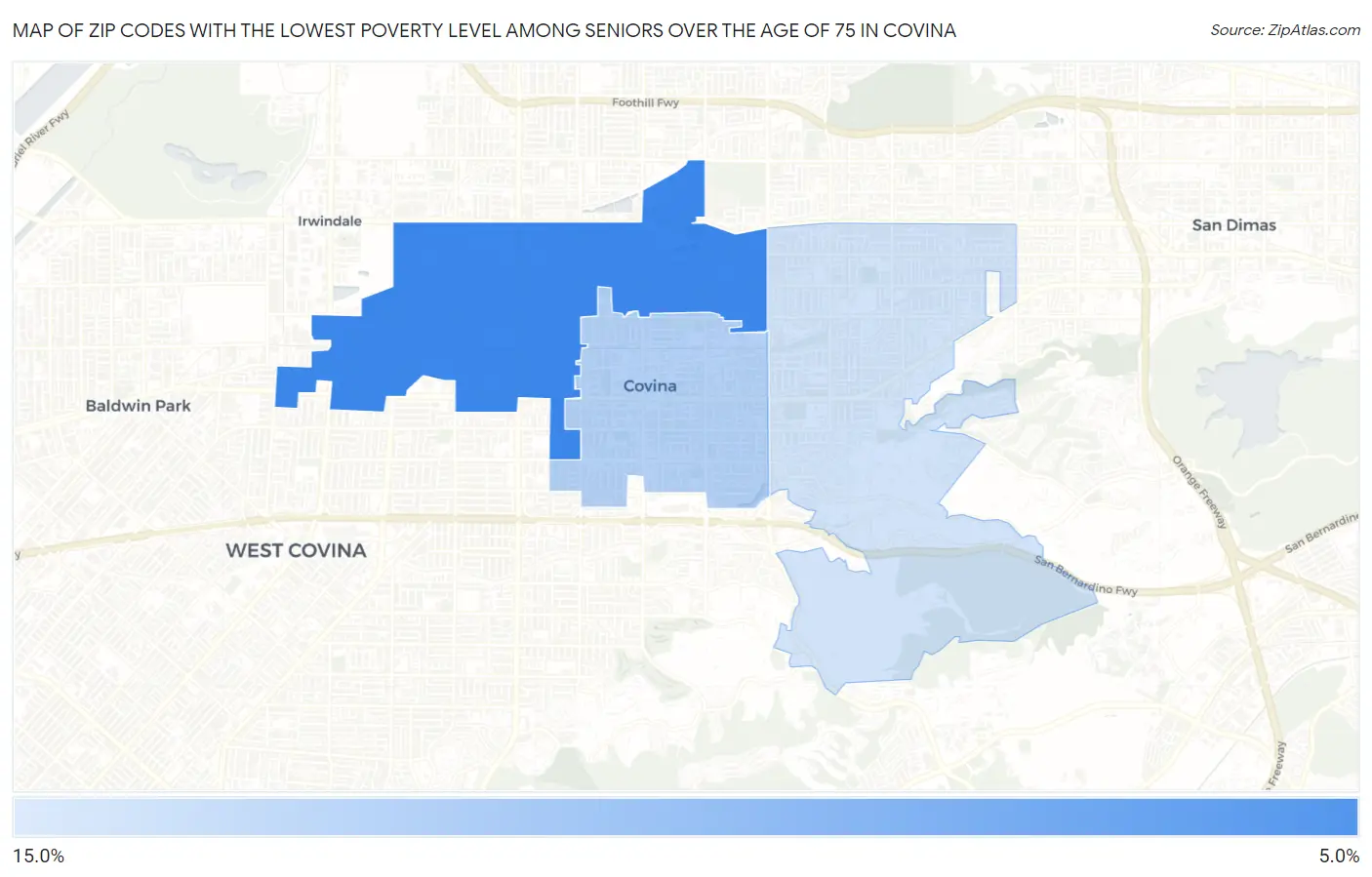 Zip Codes with the Lowest Poverty Level Among Seniors Over the Age of 75 in Covina Map