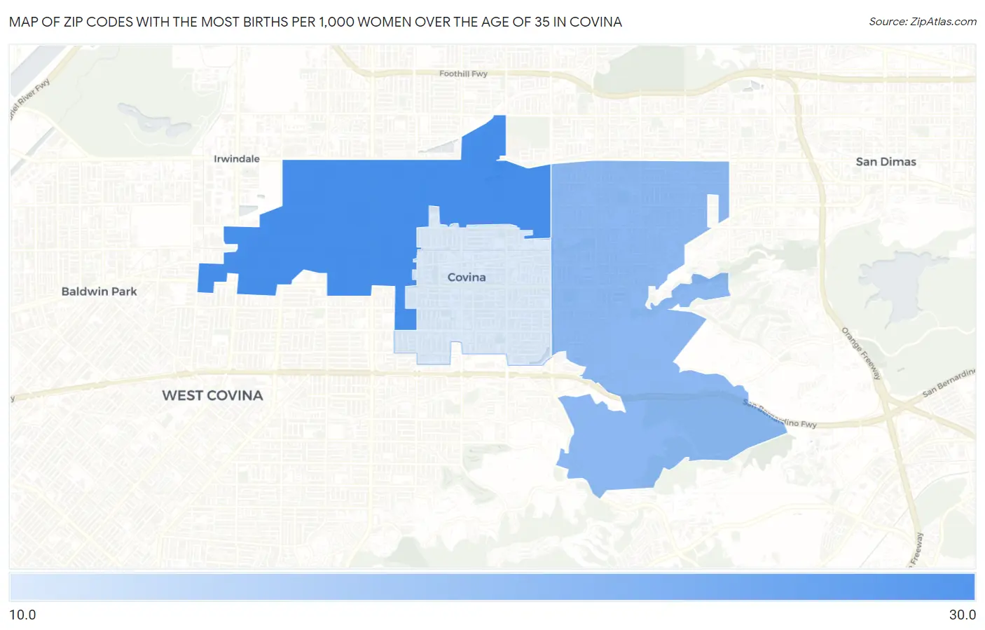 Zip Codes with the Most Births per 1,000 Women Over the Age of 35 in Covina Map