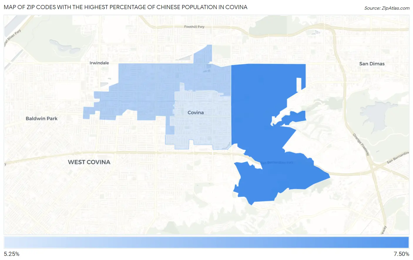 Zip Codes with the Highest Percentage of Chinese Population in Covina Map