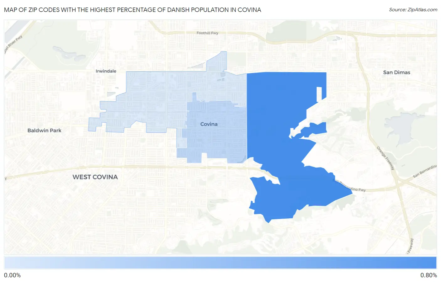 Zip Codes with the Highest Percentage of Danish Population in Covina Map