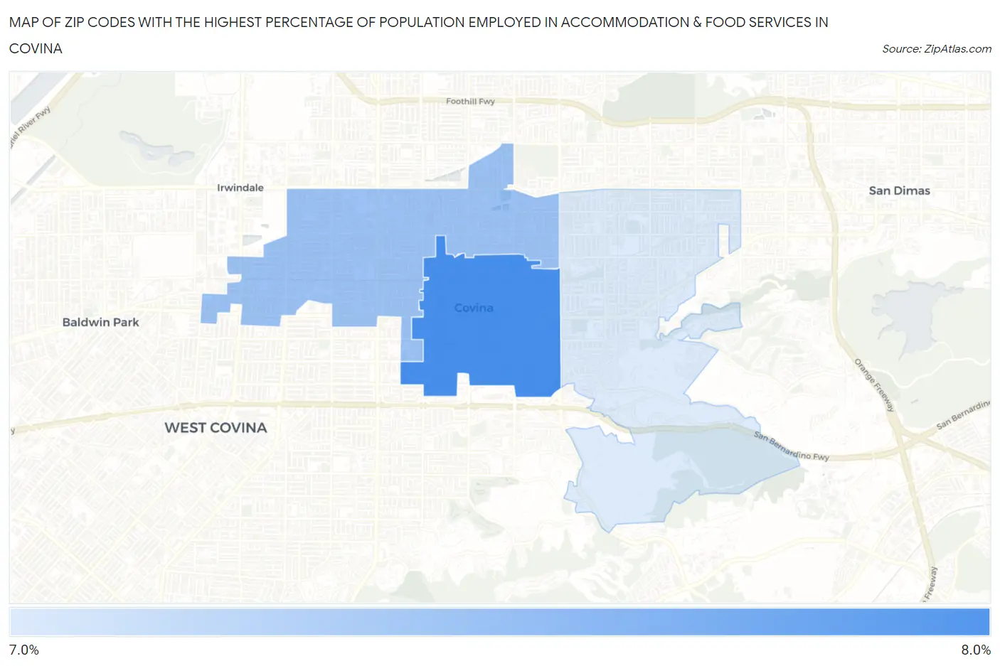 Zip Codes with the Highest Percentage of Population Employed in Accommodation & Food Services in Covina Map