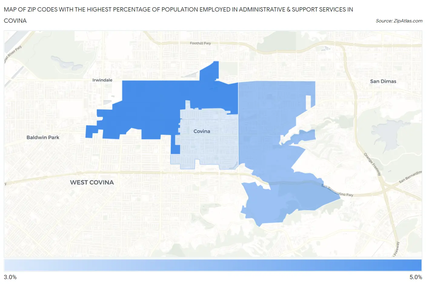 Zip Codes with the Highest Percentage of Population Employed in Administrative & Support Services in Covina Map